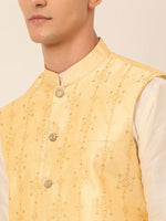 Thumbnail for Jompers Men's Golden Embroidered Woven Nehru Jackets - Distacart