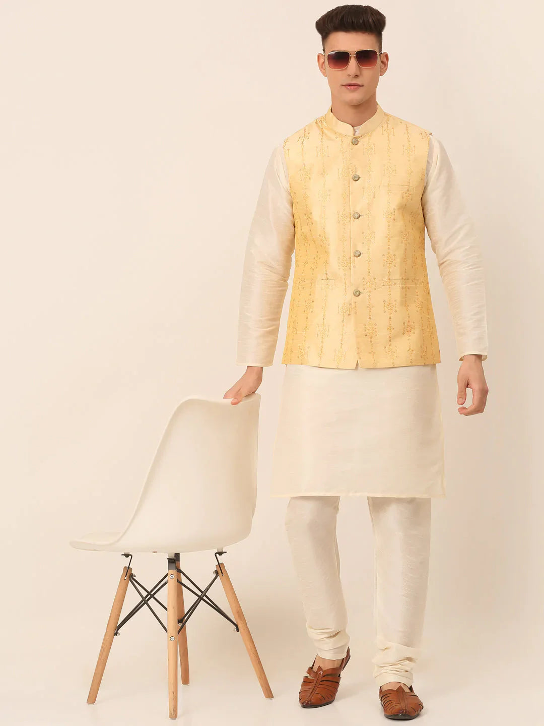 Jompers Men's Golden Embroidered Woven Nehru Jackets - Distacart