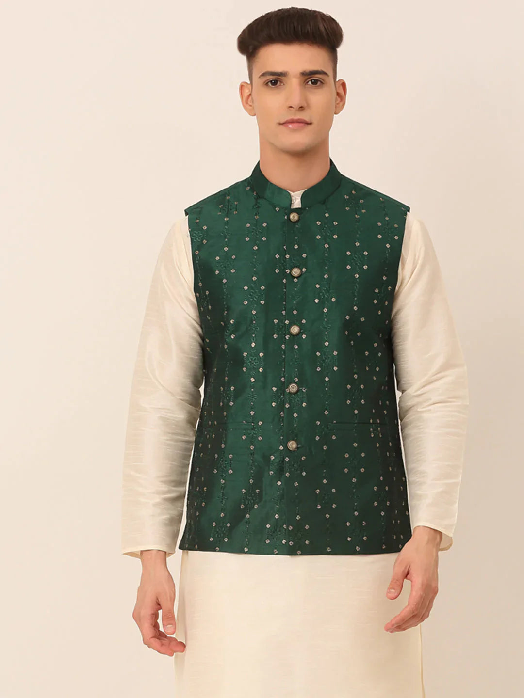 Jompers Men's Green Embroidered Woven Nehru Jackets - Distacart