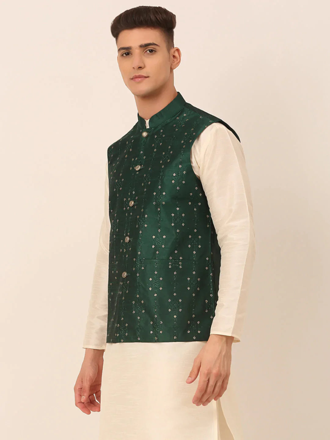 Jompers Men's Green Embroidered Woven Nehru Jackets - Distacart