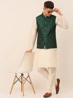 Thumbnail for Jompers Men's Green Embroidered Woven Nehru Jackets - Distacart