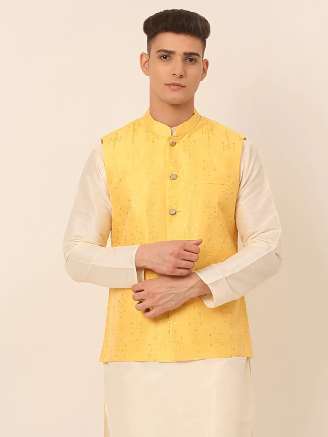 Jompers Men's Yellow Embroidered Woven Nehru Jackets - Distacart