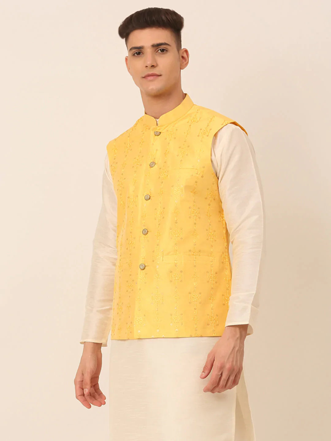 Jompers Men's Yellow Embroidered Woven Nehru Jackets - Distacart