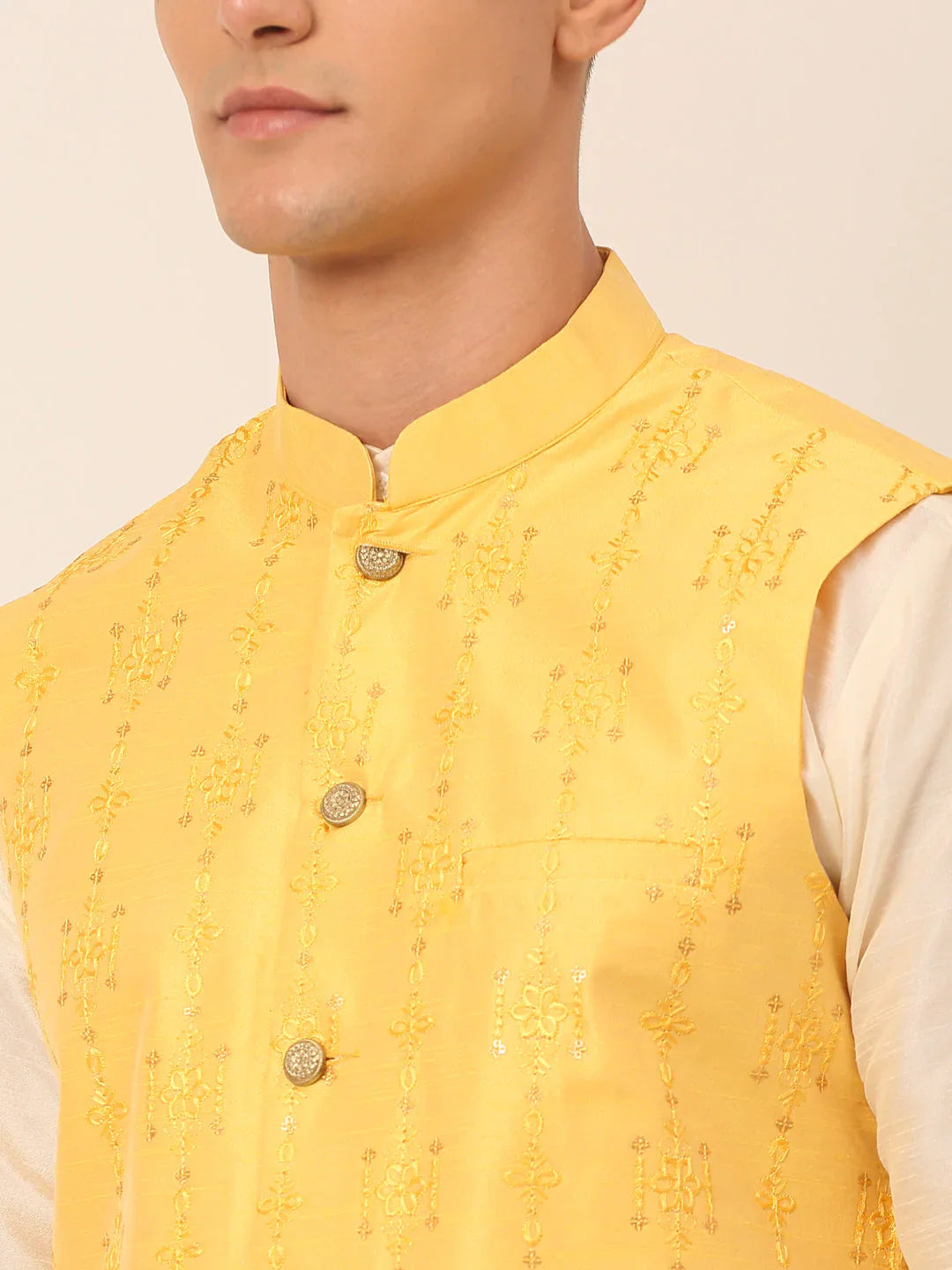 Jompers Men's Yellow Embroidered Woven Nehru Jackets - Distacart