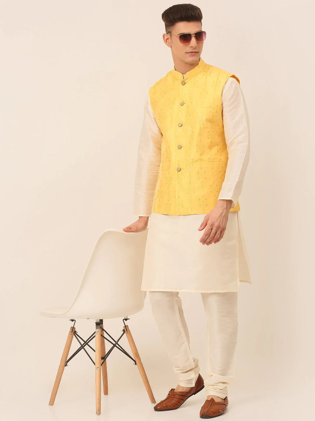 Jompers Men's Yellow Embroidered Woven Nehru Jackets - Distacart
