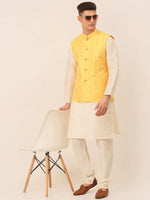 Thumbnail for Jompers Men's Yellow Embroidered Woven Nehru Jackets - Distacart