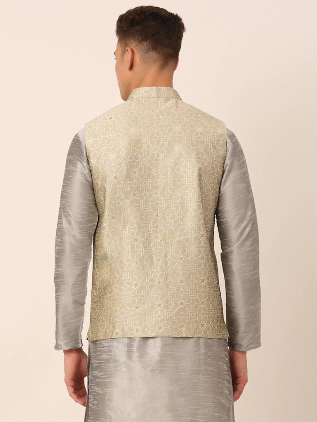 Jompers Men's Beige & Golden Woven Design Nehru Jackets-JOWC_4045Beige - Distacart