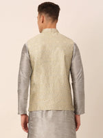 Thumbnail for Jompers Men's Beige & Golden Woven Design Nehru Jackets-JOWC_4045Beige - Distacart