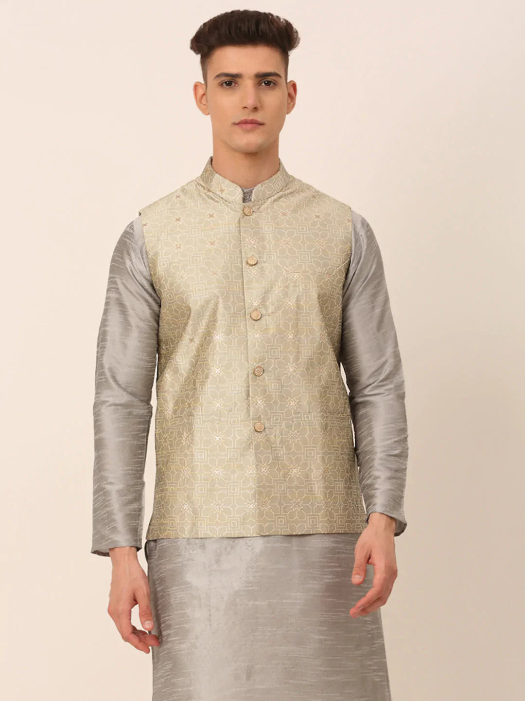 Jompers Men's Beige & Golden Woven Design Nehru Jackets-JOWC_4045Beige - Distacart