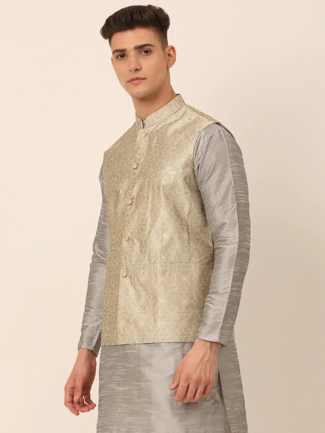 Jompers Men's Beige & Golden Woven Design Nehru Jackets-JOWC_4045Beige - Distacart