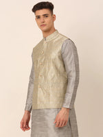 Thumbnail for Jompers Men's Beige & Golden Woven Design Nehru Jackets-JOWC_4045Beige - Distacart