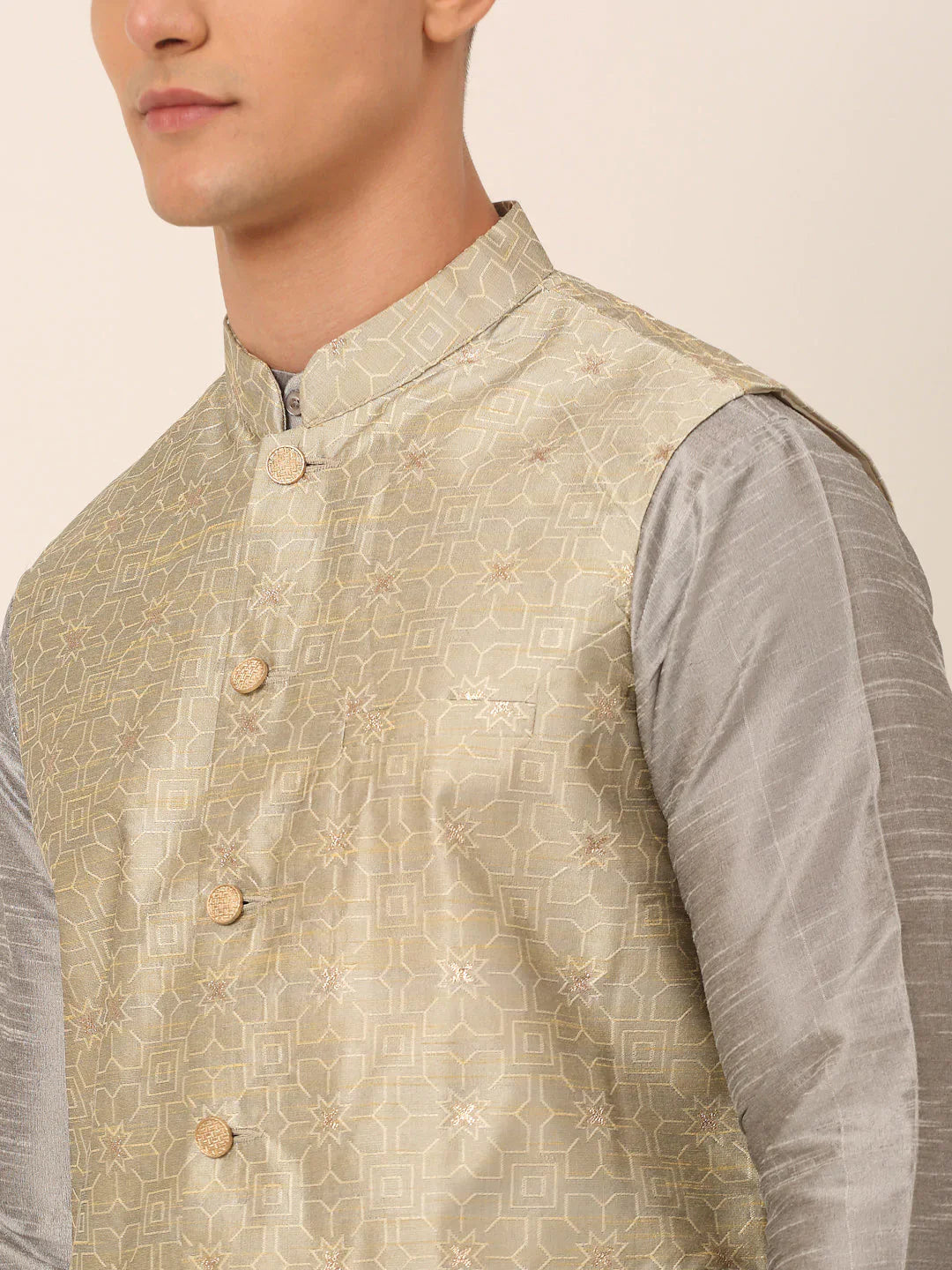 Jompers Men's Beige & Golden Woven Design Nehru Jackets-JOWC_4045Beige - Distacart