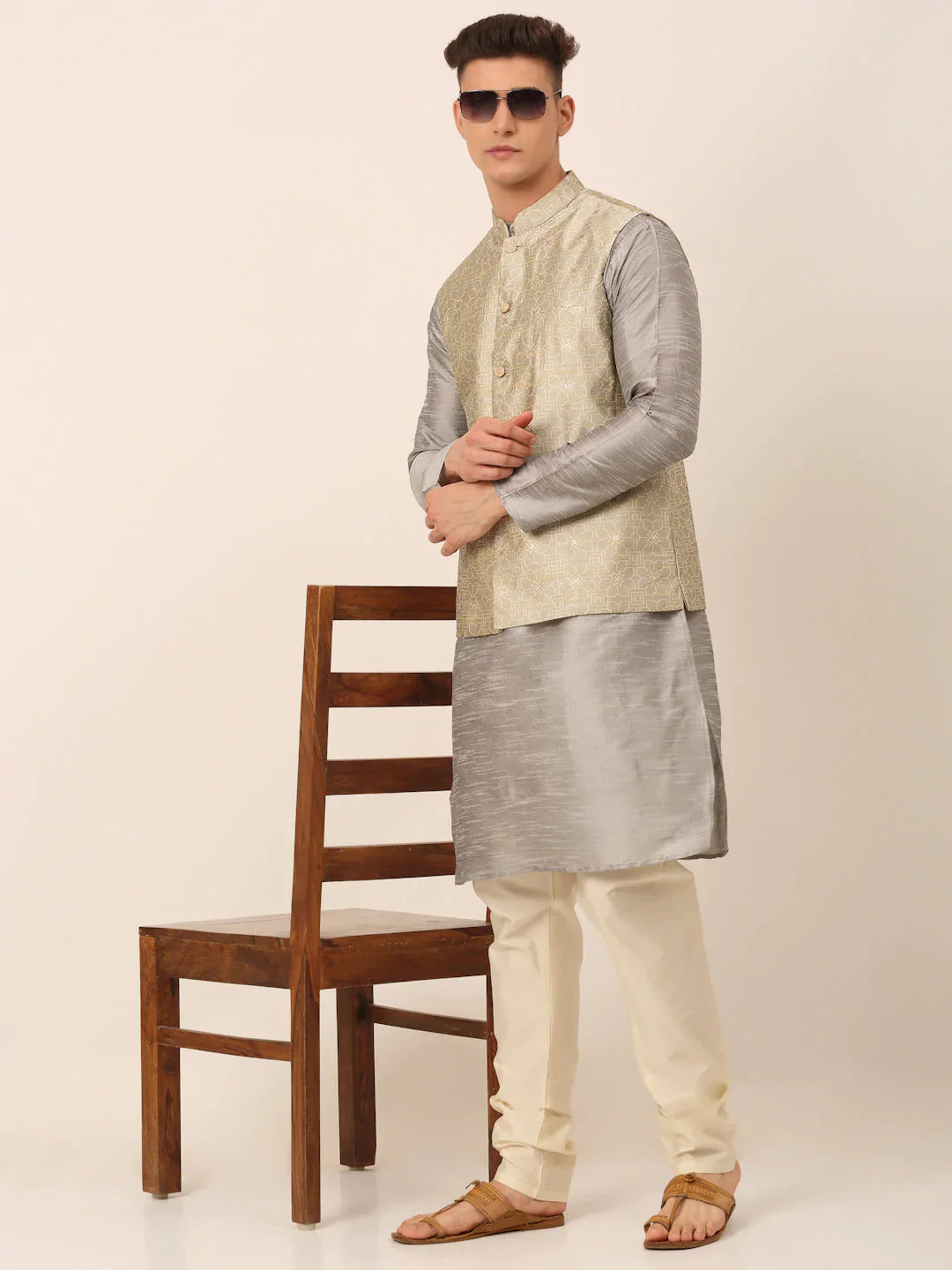 Jompers Men's Beige & Golden Woven Design Nehru Jackets-JOWC_4045Beige - Distacart