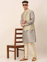 Thumbnail for Jompers Men's Beige & Golden Woven Design Nehru Jackets-JOWC_4045Beige - Distacart