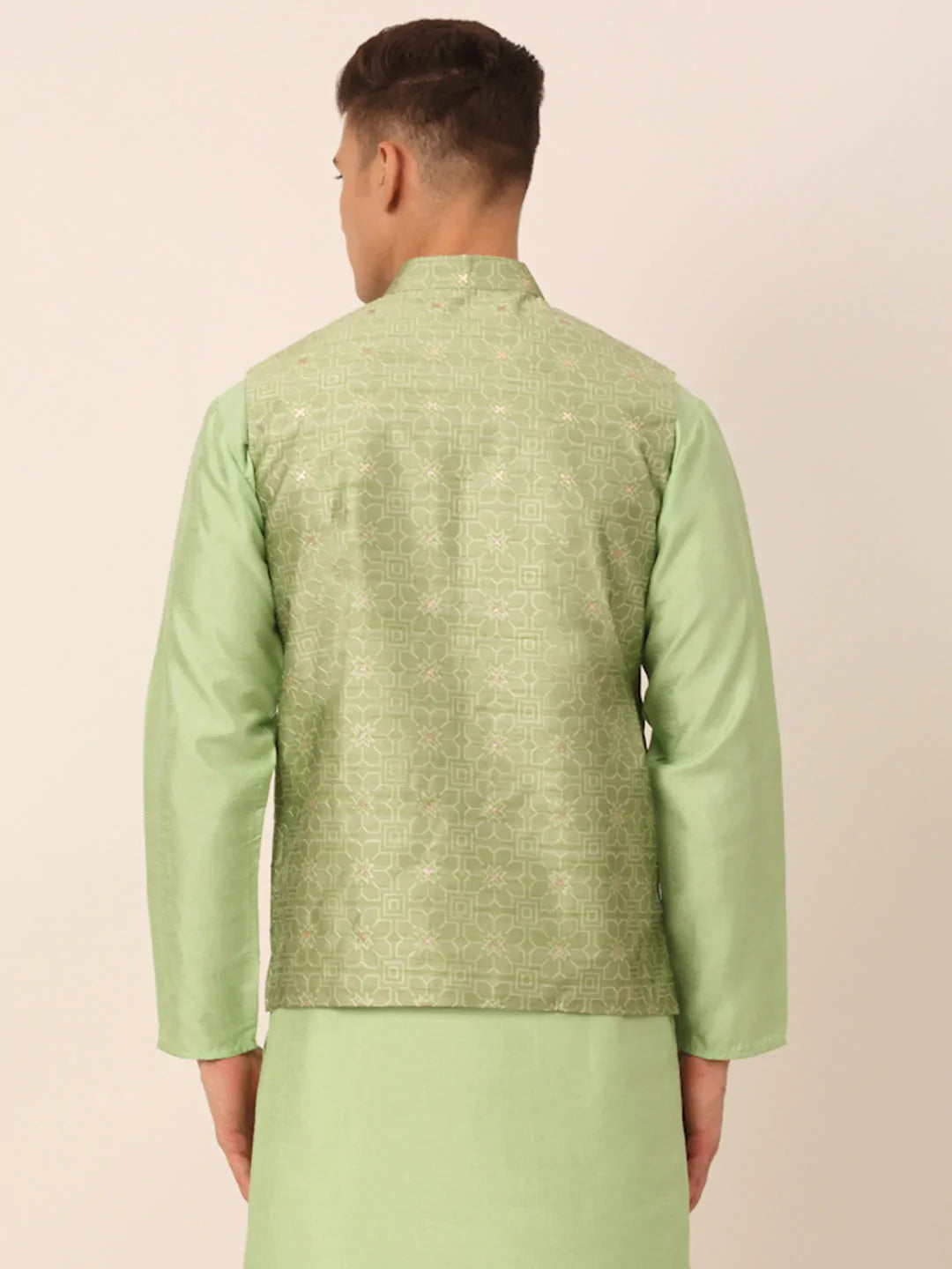 Jompers Men's Beige & Golden Woven Design Nehru Jackets-JOWC_4045Pista - Distacart