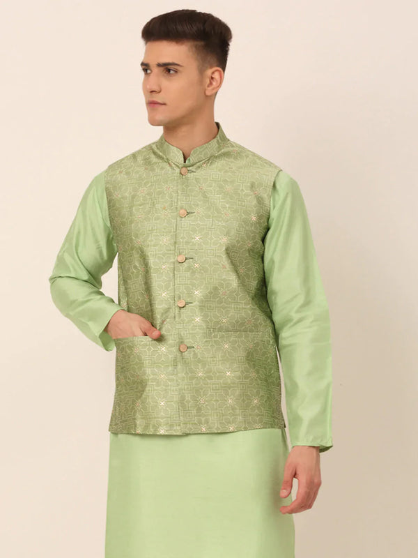 Jompers Men's Beige & Golden Woven Design Nehru Jackets-JOWC_4045Pista - Distacart