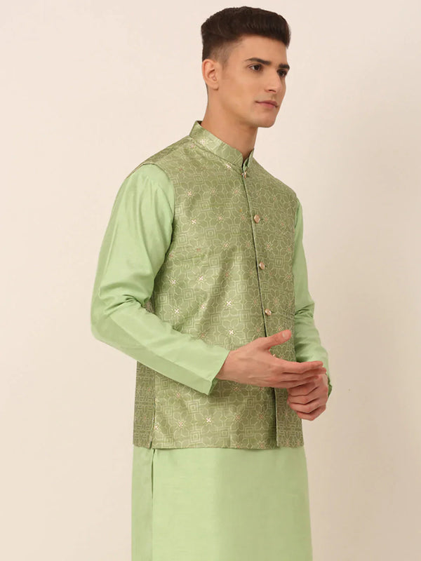 Jompers Men's Beige & Golden Woven Design Nehru Jackets-JOWC_4045Pista - Distacart