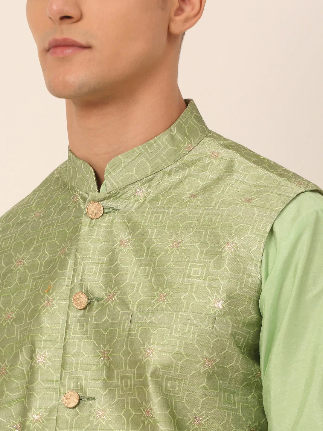 Jompers Men's Beige & Golden Woven Design Nehru Jackets-JOWC_4045Pista - Distacart
