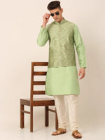 Thumbnail for Jompers Men's Beige & Golden Woven Design Nehru Jackets-JOWC_4045Pista - Distacart