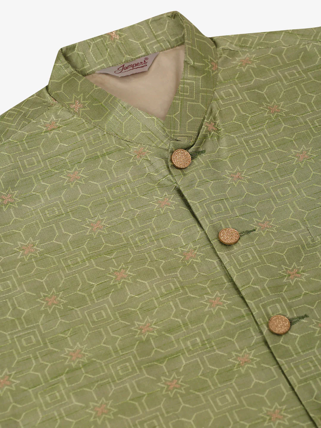 Jompers Men's Beige & Golden Woven Design Nehru Jackets-JOWC_4045Pista - Distacart
