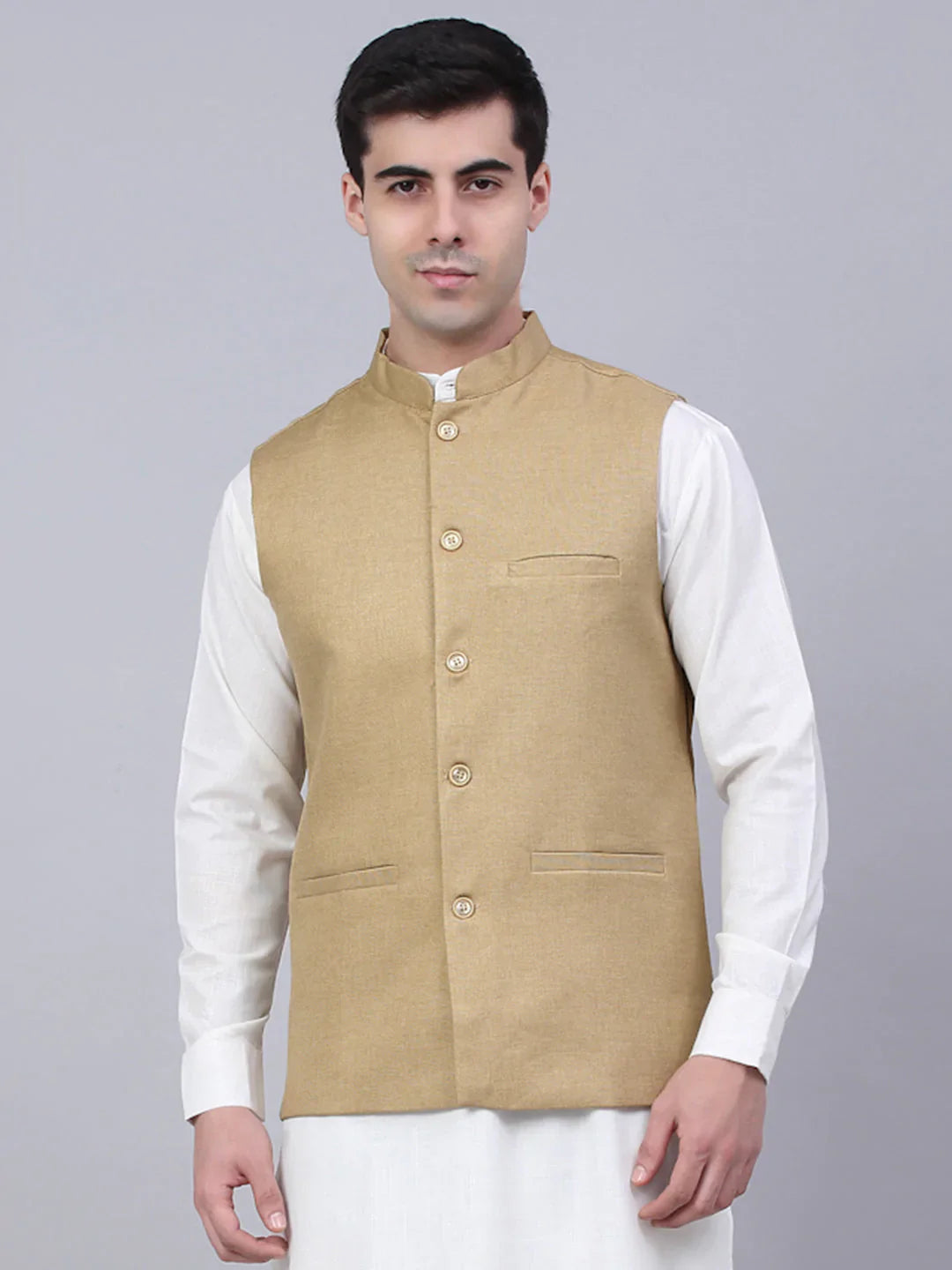 Jompers Men's Beige Solid Woven Sleeveless Nehru Jackets - Distacart