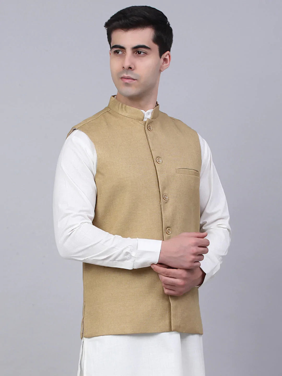 Jompers Men's Beige Solid Woven Sleeveless Nehru Jackets - Distacart