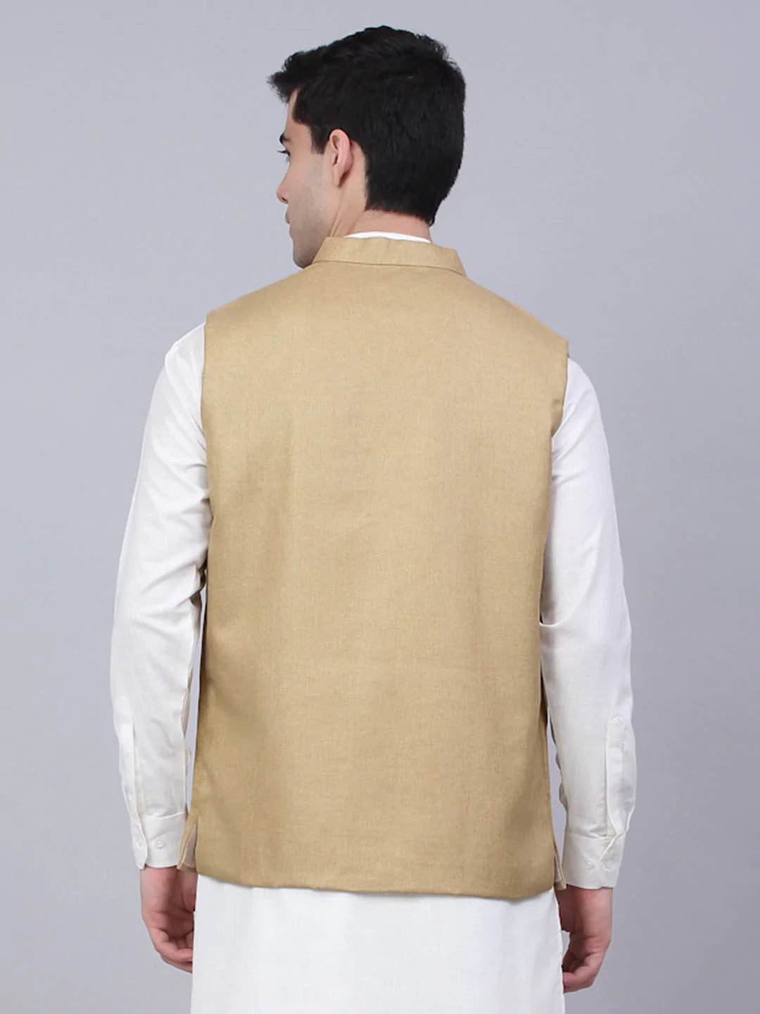 Jompers Men's Beige Solid Woven Sleeveless Nehru Jackets - Distacart