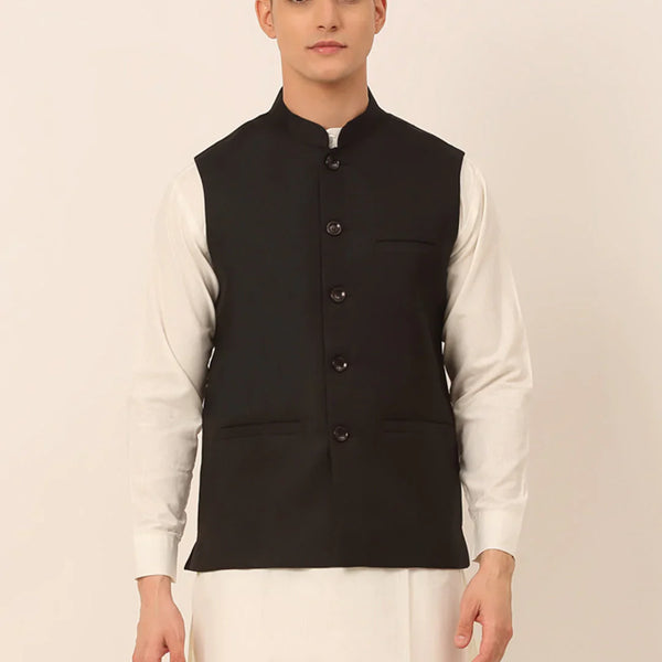Jompers Men's Black Solid Woven Sleeveless Nehru Jackets - Distacart