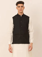 Thumbnail for Jompers Men's Black Solid Woven Sleeveless Nehru Jackets - Distacart