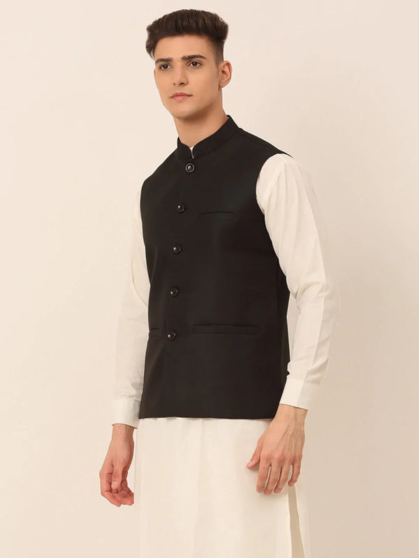 Jompers Men's Black Solid Woven Sleeveless Nehru Jackets - Distacart