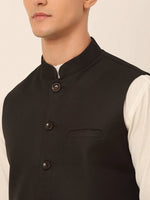 Thumbnail for Jompers Men's Black Solid Woven Sleeveless Nehru Jackets - Distacart