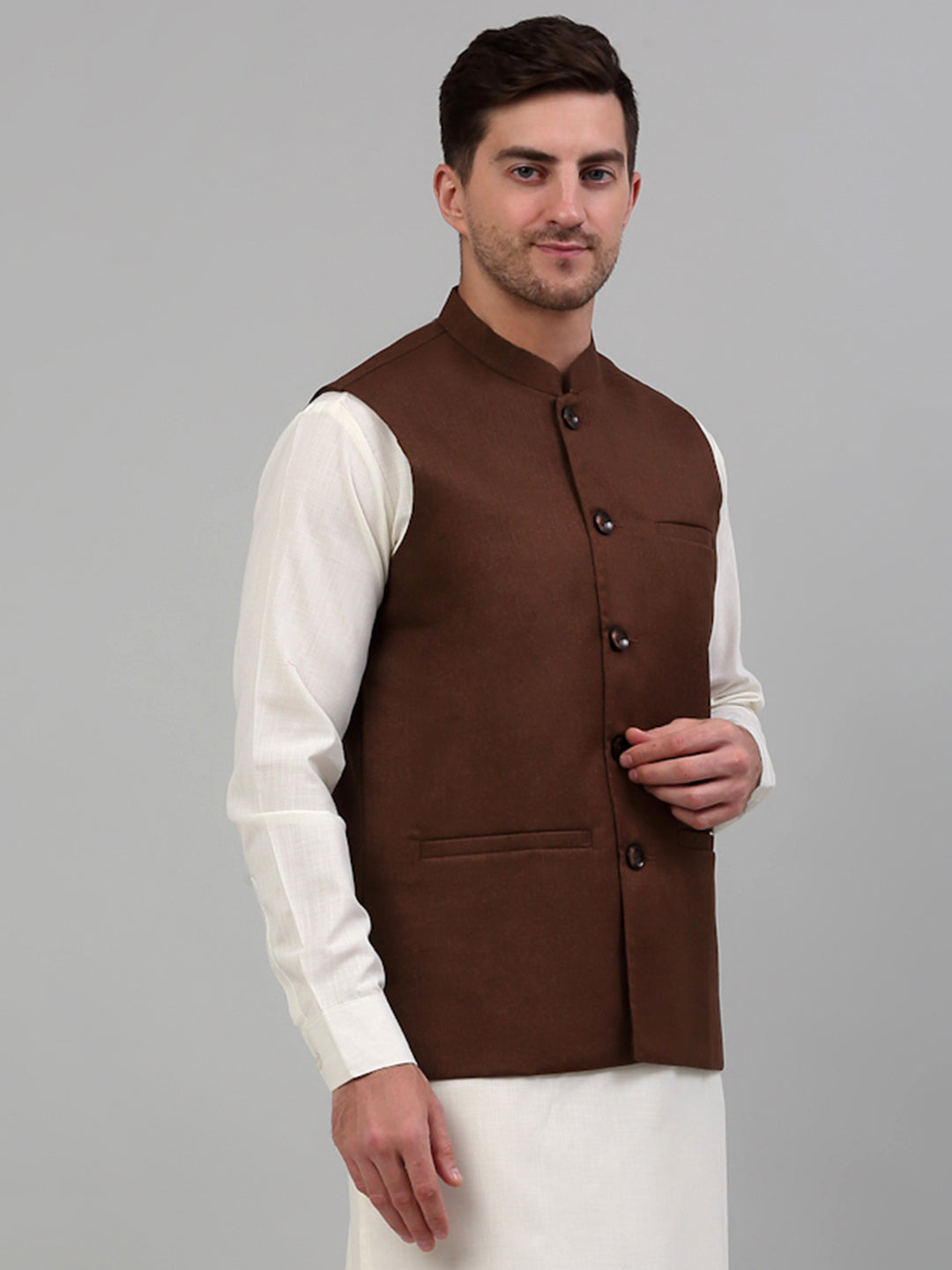 Jompers Men's Brown Solid Nehru Jacket - Distacart