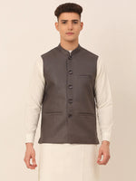 Thumbnail for Jompers Men's Charcoal Grey Solid Woven Sleeveless Nehru Jackets - Distacart