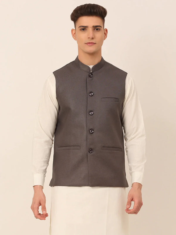 Jompers Men's Charcoal Grey Solid Woven Sleeveless Nehru Jackets - Distacart