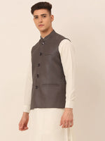 Thumbnail for Jompers Men's Charcoal Grey Solid Woven Sleeveless Nehru Jackets - Distacart