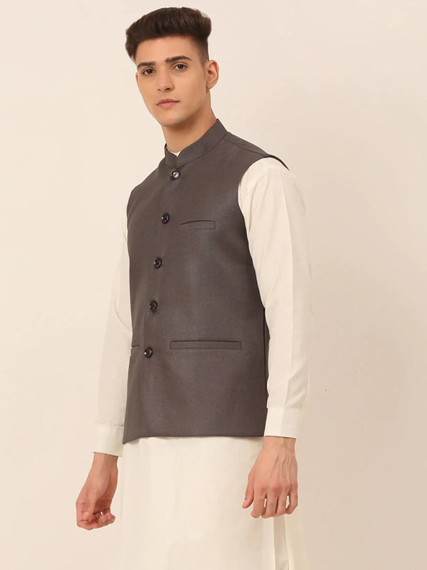 Jompers Men's Charcoal Grey Solid Woven Sleeveless Nehru Jackets - Distacart
