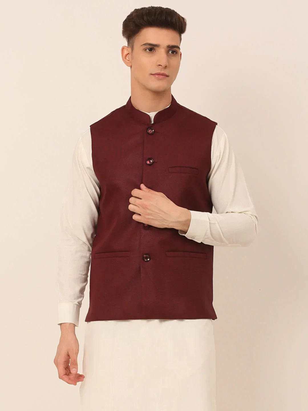 Jompers Men's Maroon Solid Woven Sleeveless Nehru Jackets - Distacart