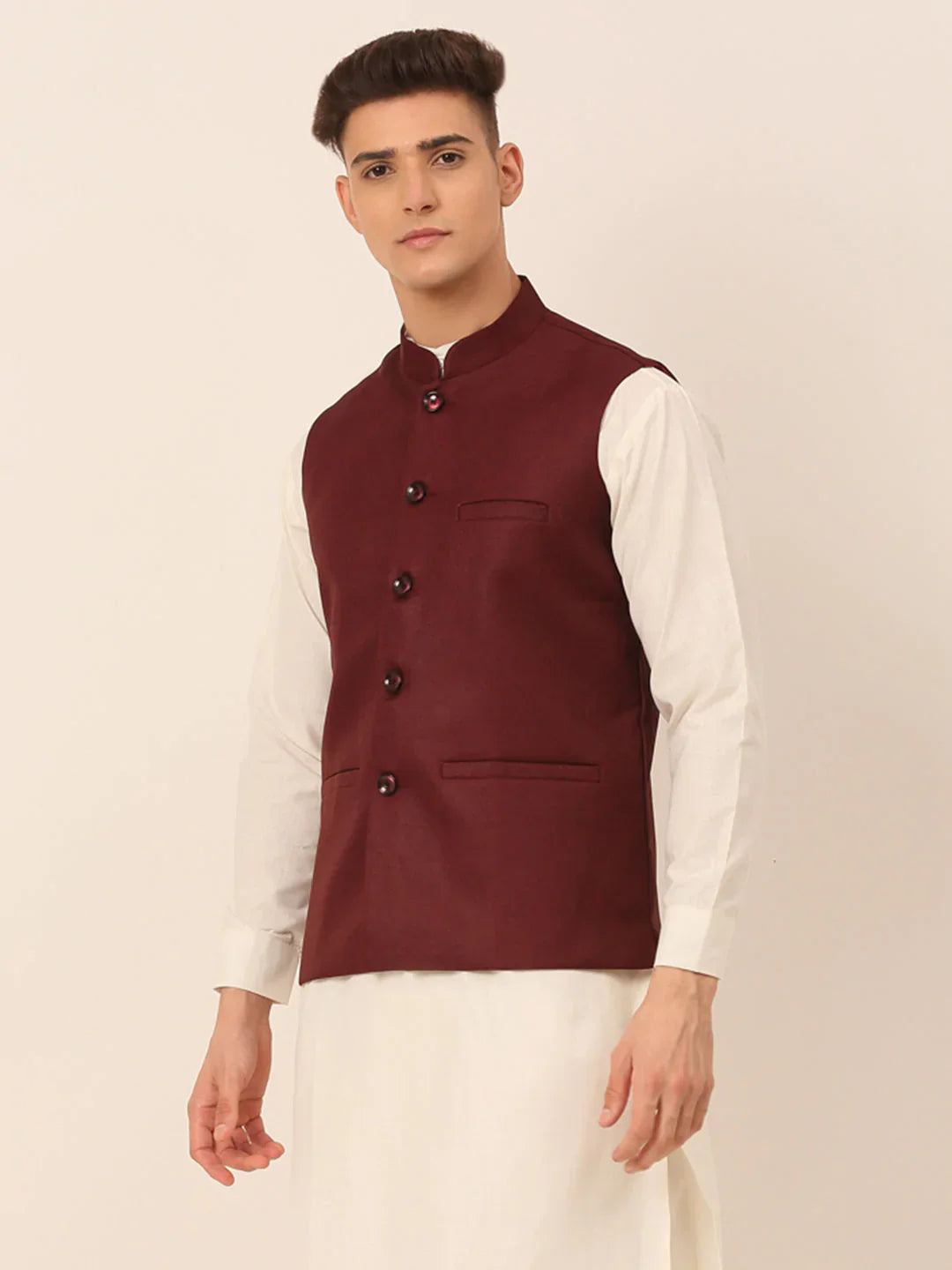 Jompers Men's Maroon Solid Woven Sleeveless Nehru Jackets - Distacart