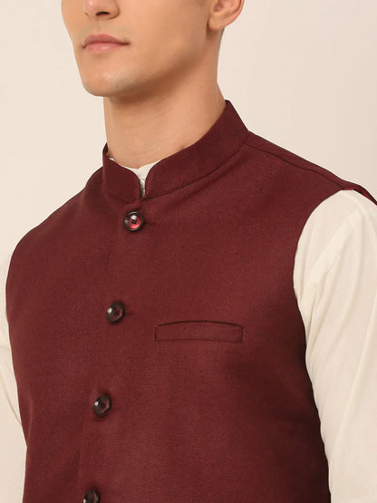 Jompers Men's Maroon Solid Woven Sleeveless Nehru Jackets - Distacart