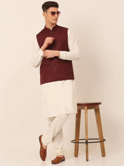 Jompers Men's Maroon Solid Woven Sleeveless Nehru Jackets - Distacart