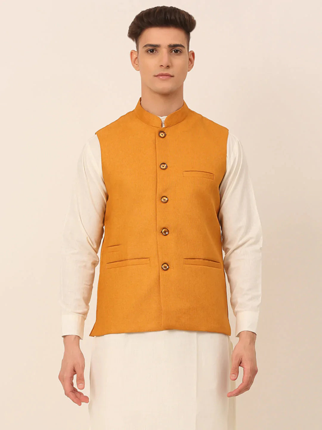 Jompers Men's Mustard Solid Woven Sleeveless Nehru Jackets - Distacart
