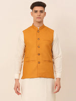 Thumbnail for Jompers Men's Mustard Solid Woven Sleeveless Nehru Jackets - Distacart
