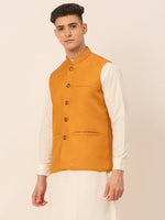 Thumbnail for Jompers Men's Mustard Solid Woven Sleeveless Nehru Jackets - Distacart