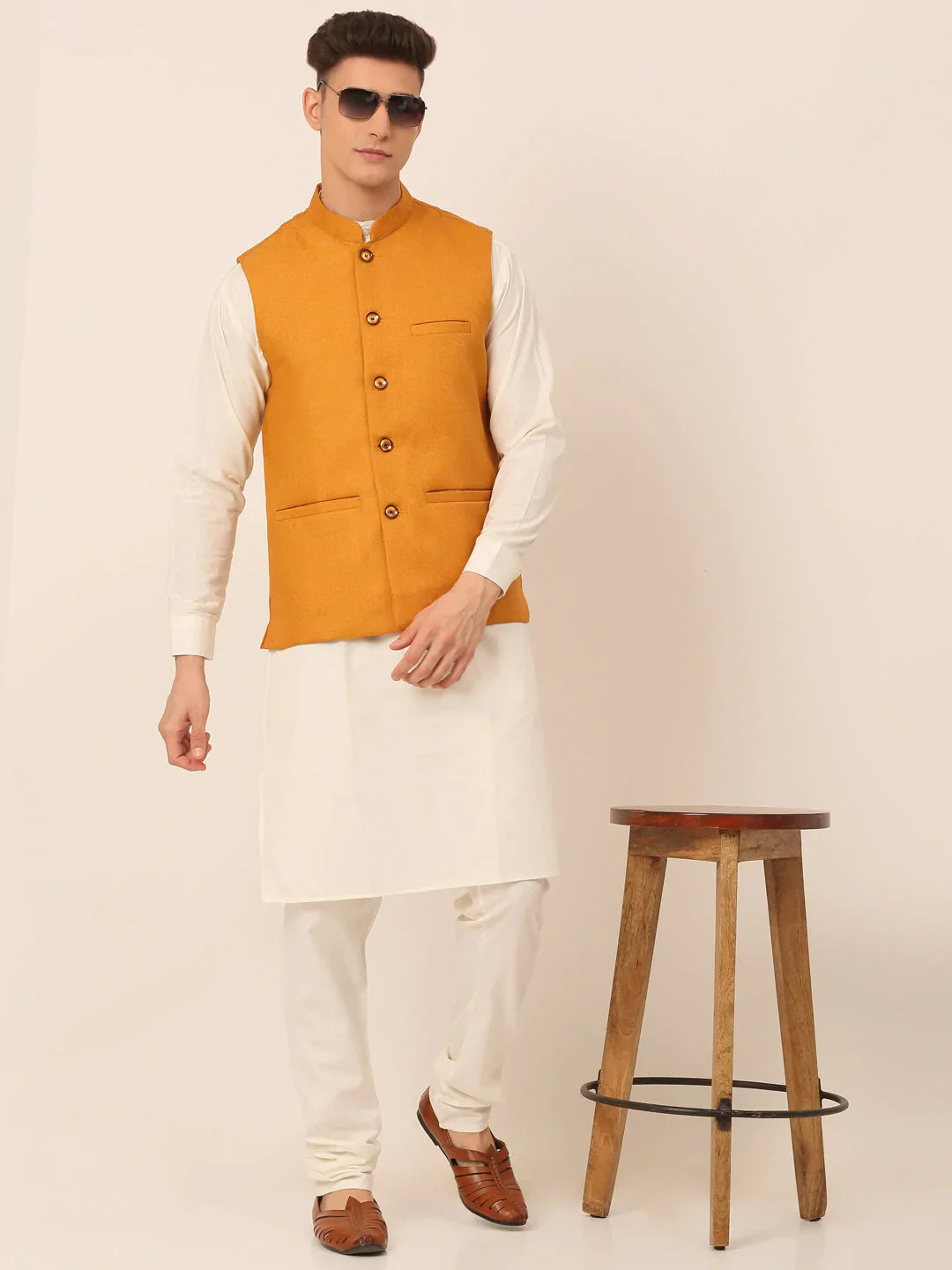 Jompers Men's Mustard Solid Woven Sleeveless Nehru Jackets - Distacart