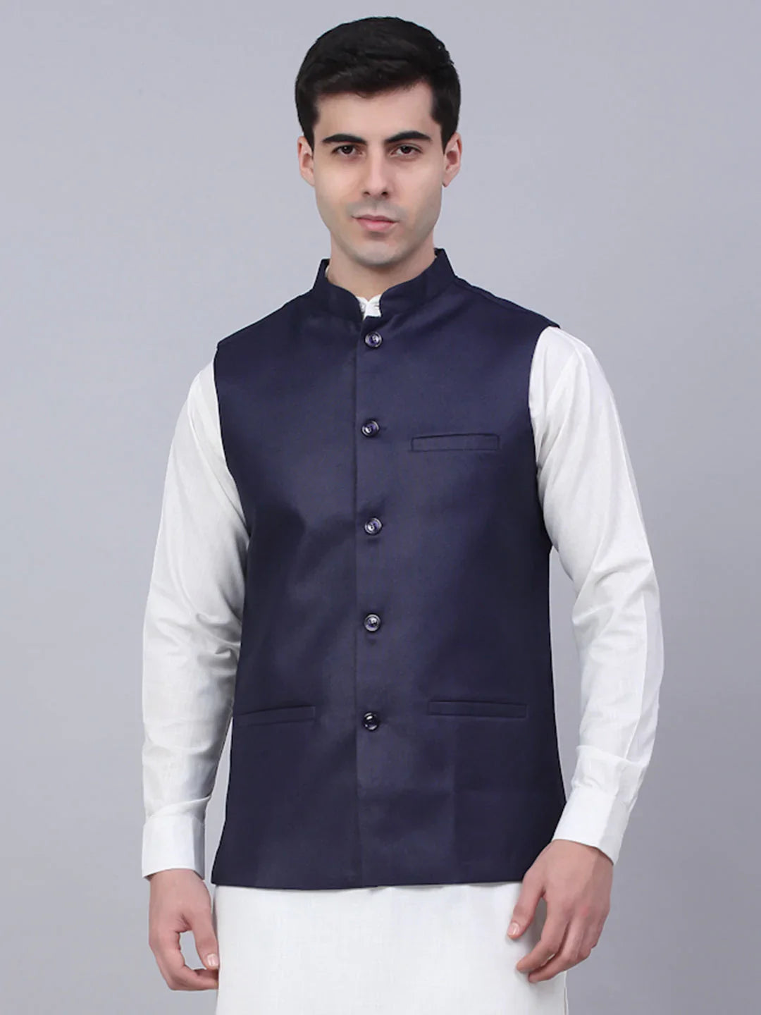 Jompers Men's Navy Blue Solid Woven Sleeveless Nehru Jackets - Distacart