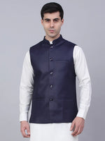 Thumbnail for Jompers Men's Navy Blue Solid Woven Sleeveless Nehru Jackets - Distacart
