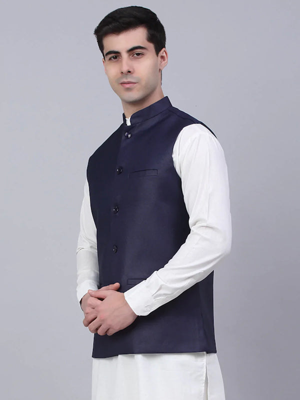 Jompers Men's Navy Blue Solid Woven Sleeveless Nehru Jackets - Distacart