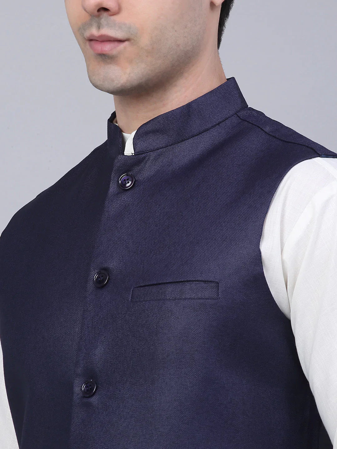 Jompers Men's Navy Blue Solid Woven Sleeveless Nehru Jackets - Distacart