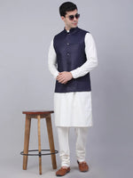 Thumbnail for Jompers Men's Navy Blue Solid Woven Sleeveless Nehru Jackets - Distacart