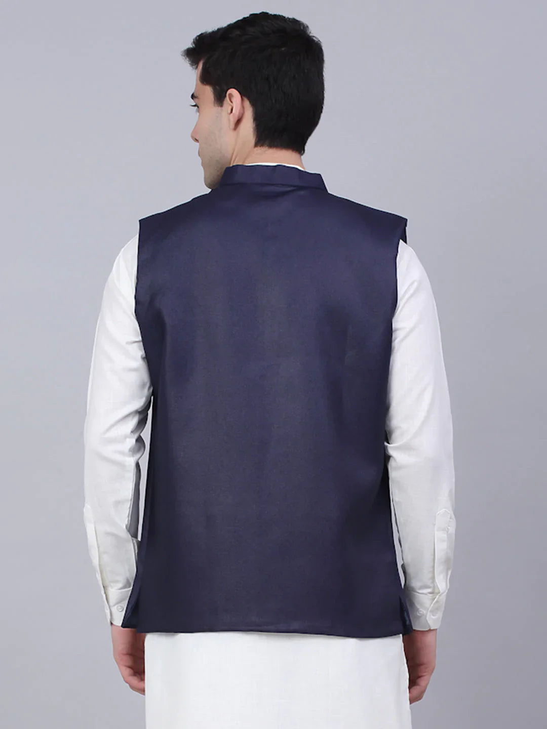 Jompers Men's Navy Blue Solid Woven Sleeveless Nehru Jackets - Distacart